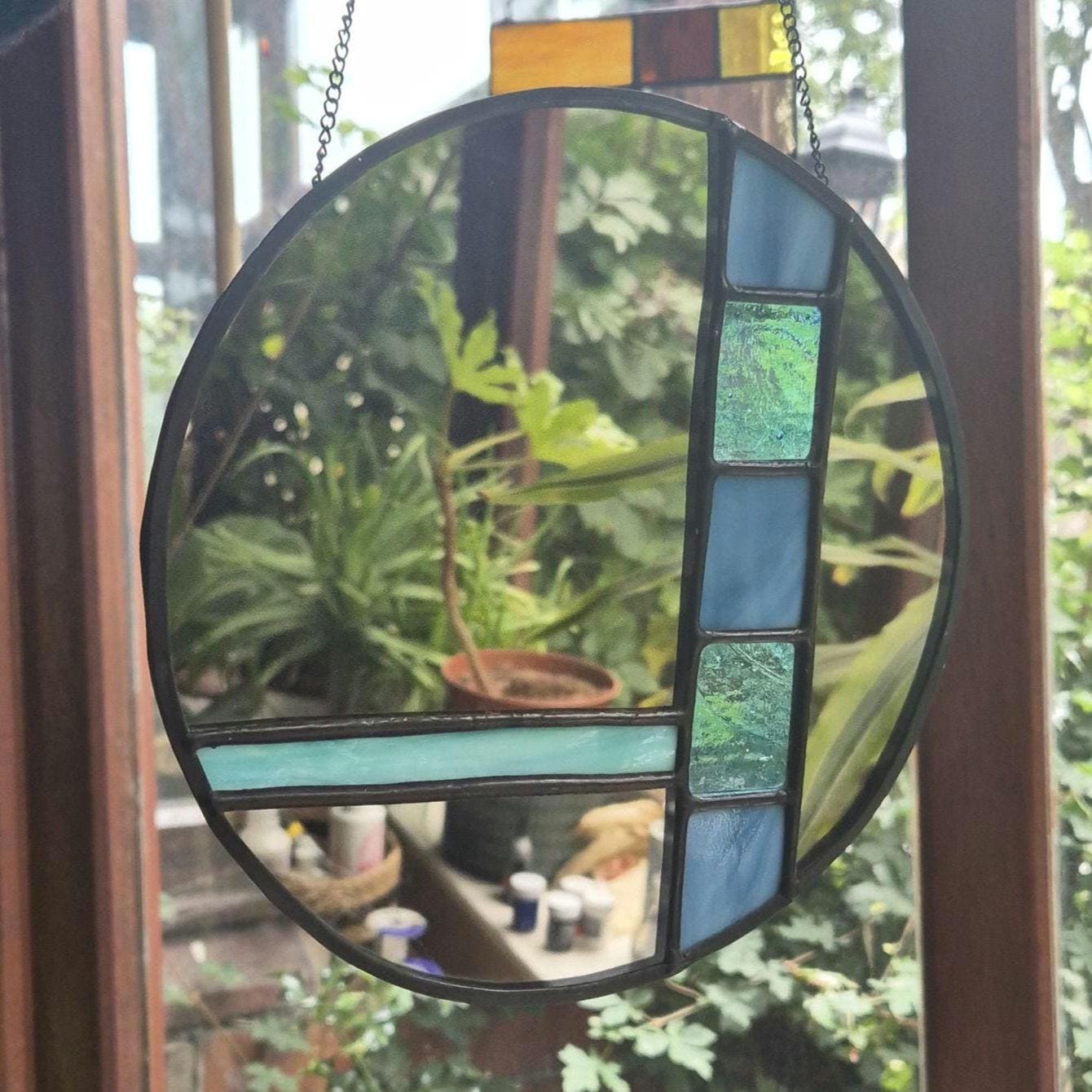 Handmade Stained Glass Mirror, Blue Stained Glass, Vintage Style Art Deco Mirror