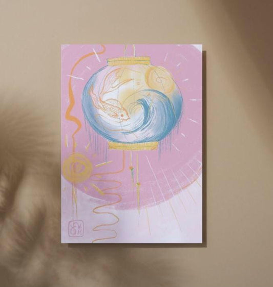 Pink Lantern Drawing Print With Fish Detail, A4