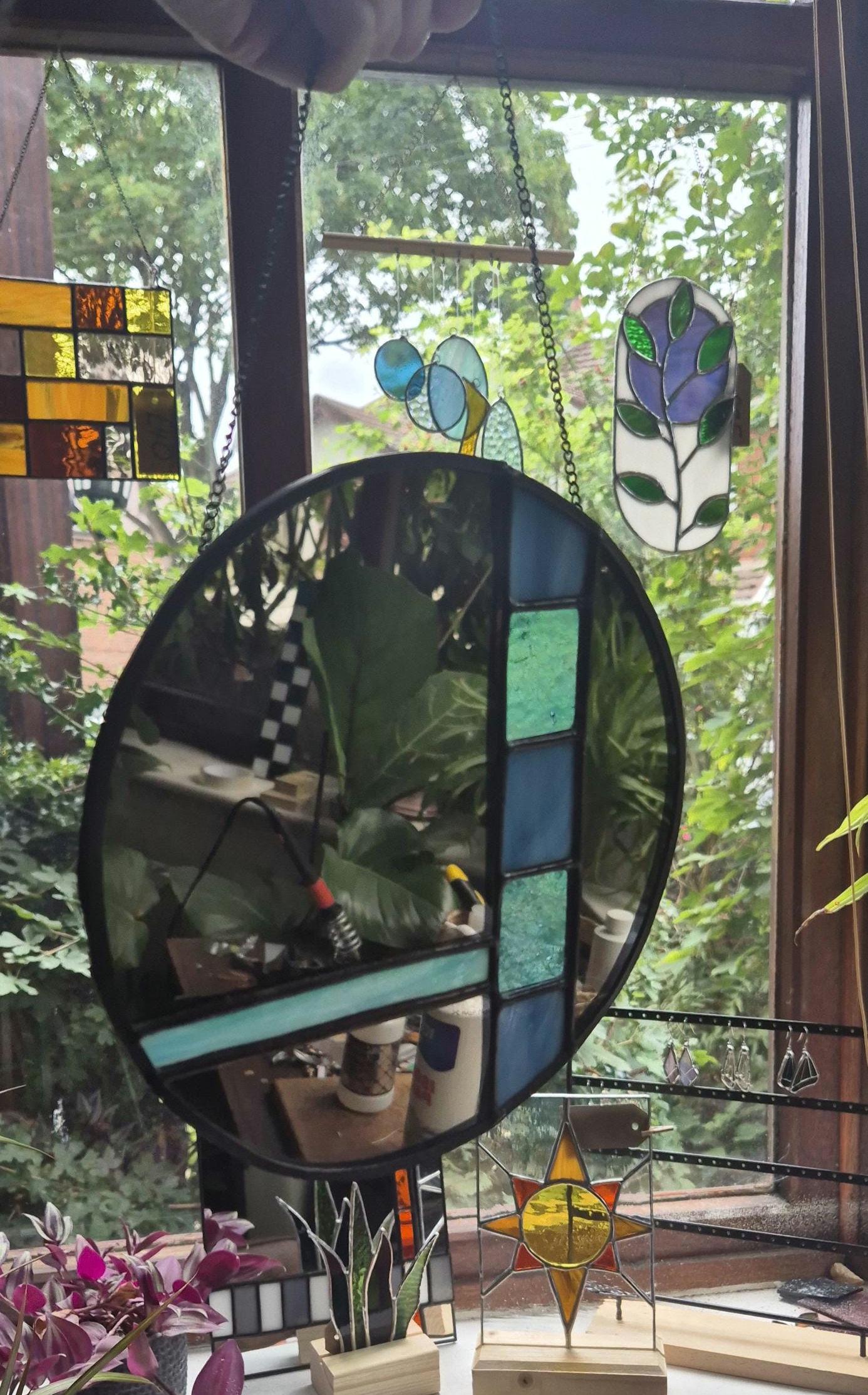 Handmade Stained Glass Mirror, Blue Stained Glass, Vintage Style Art Deco Mirror
