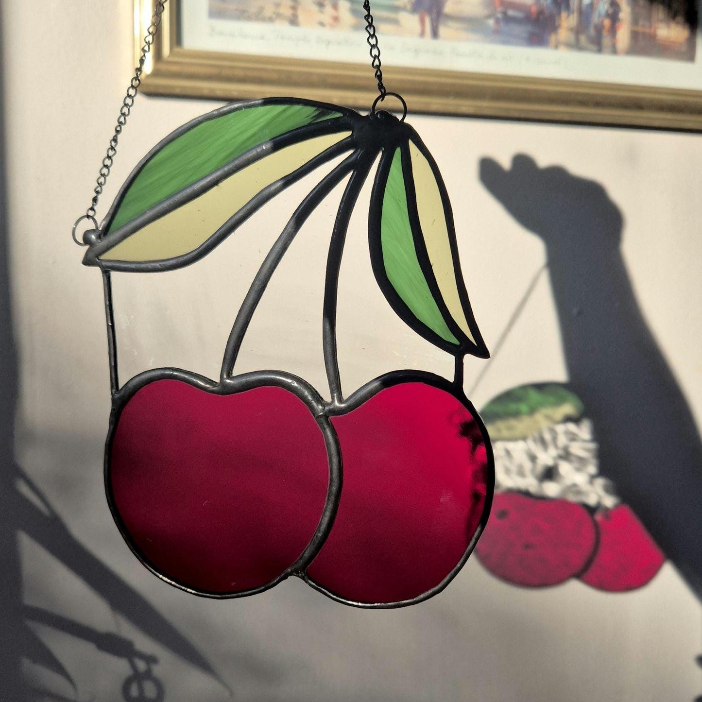 Cherry Suncatcher, Handmade, Stained Glass Hanging Piece