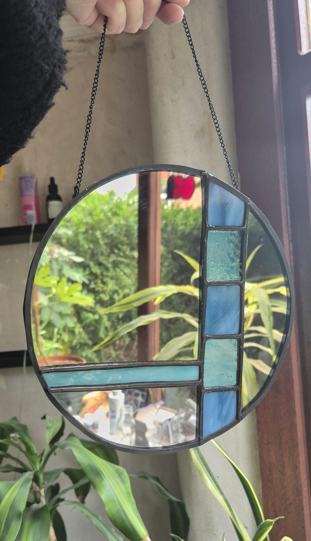 Handmade Stained Glass Mirror, Blue Stained Glass, Vintage Style Art Deco Mirror