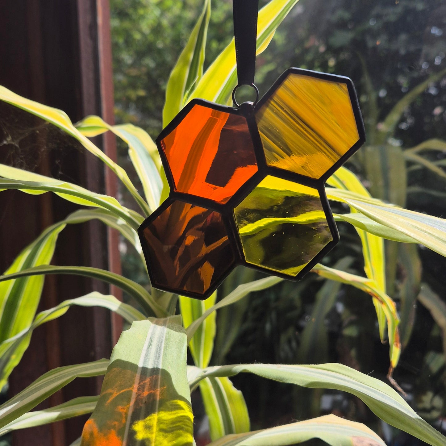Honeycomb Orange & Yellow Suncatcher Ornament Handmade, Stained Glass Hanging Piece
