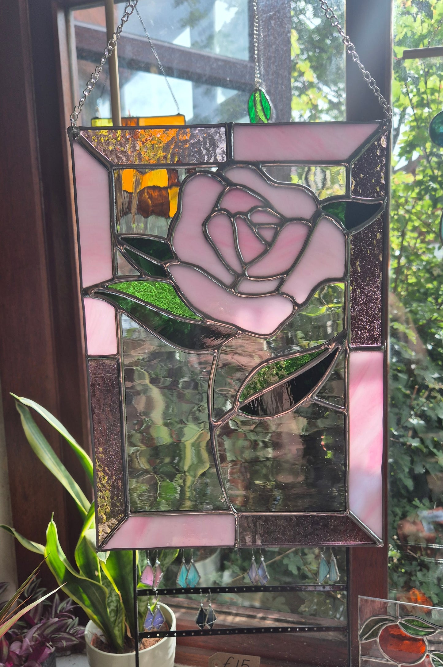 Pink Rose Hanging Suncatcher Panel