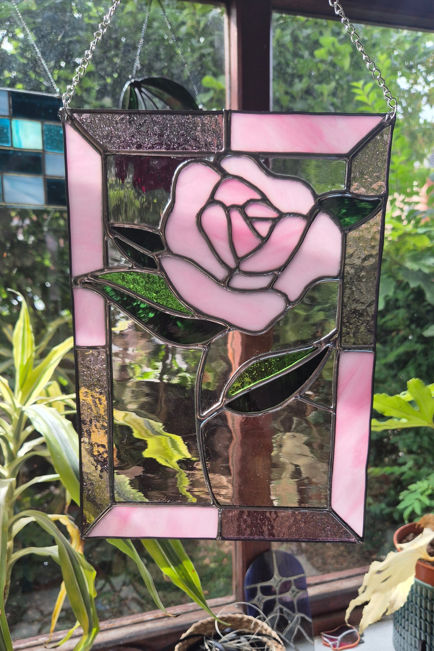 Pink Rose Hanging Suncatcher Panel