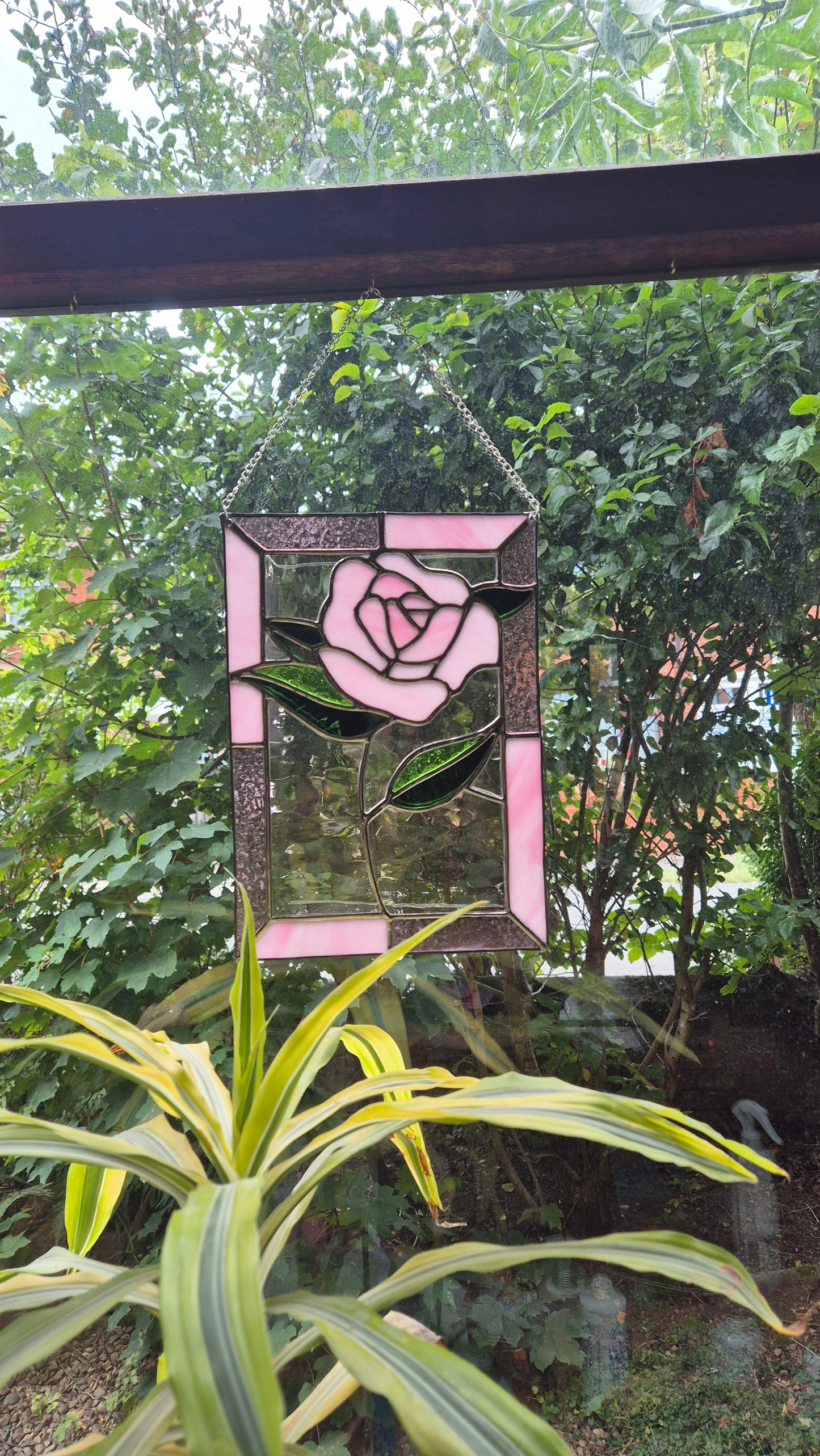 Pink Rose Hanging Suncatcher Panel