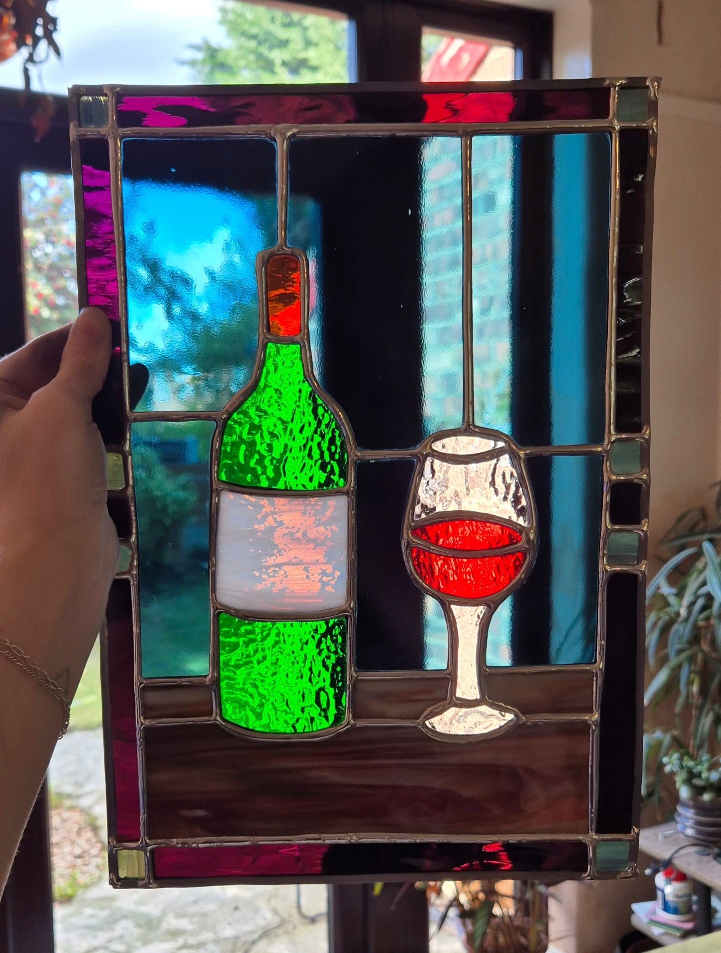 Wine Bottle Stained Glass Panel