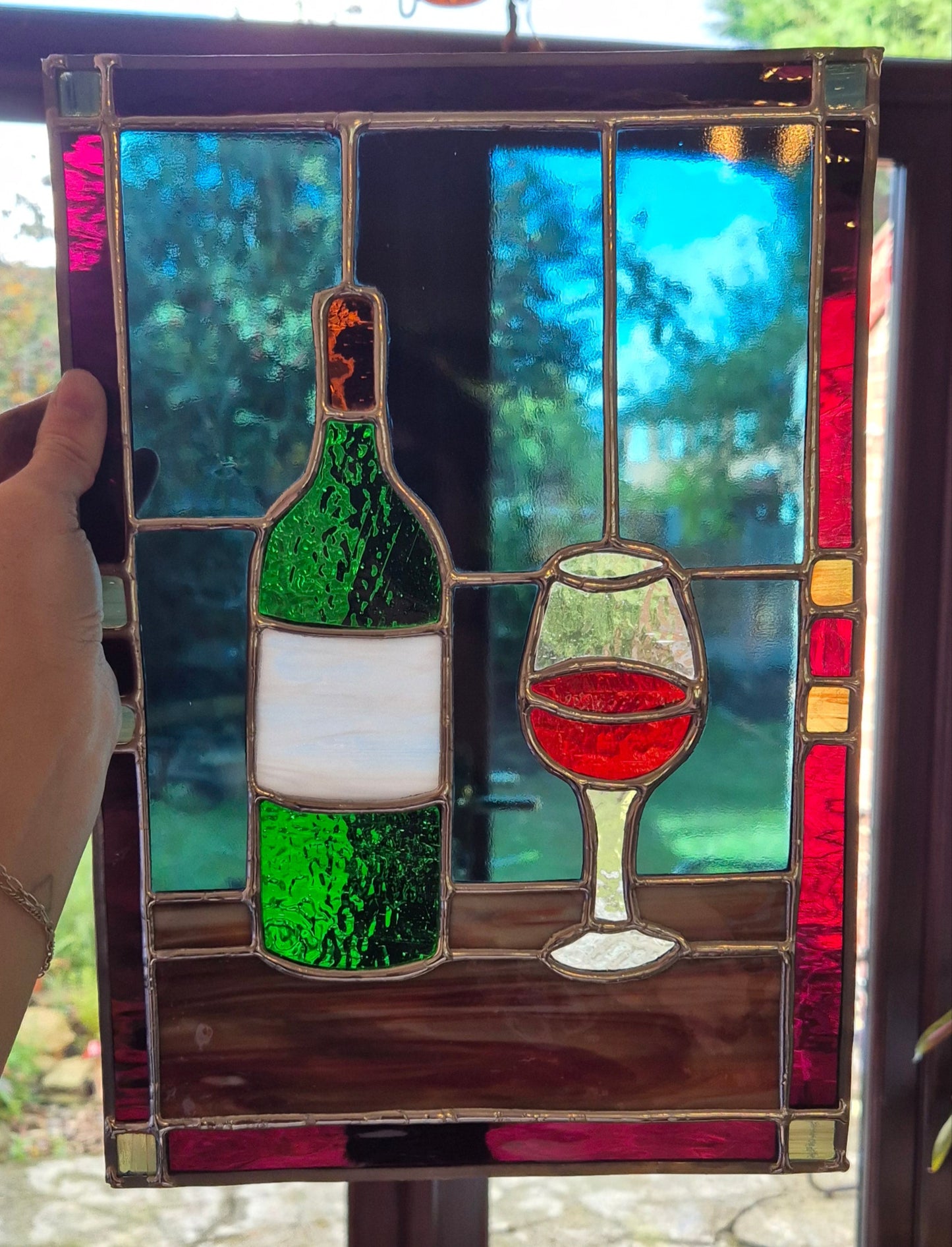 Wine Bottle Stained Glass Panel