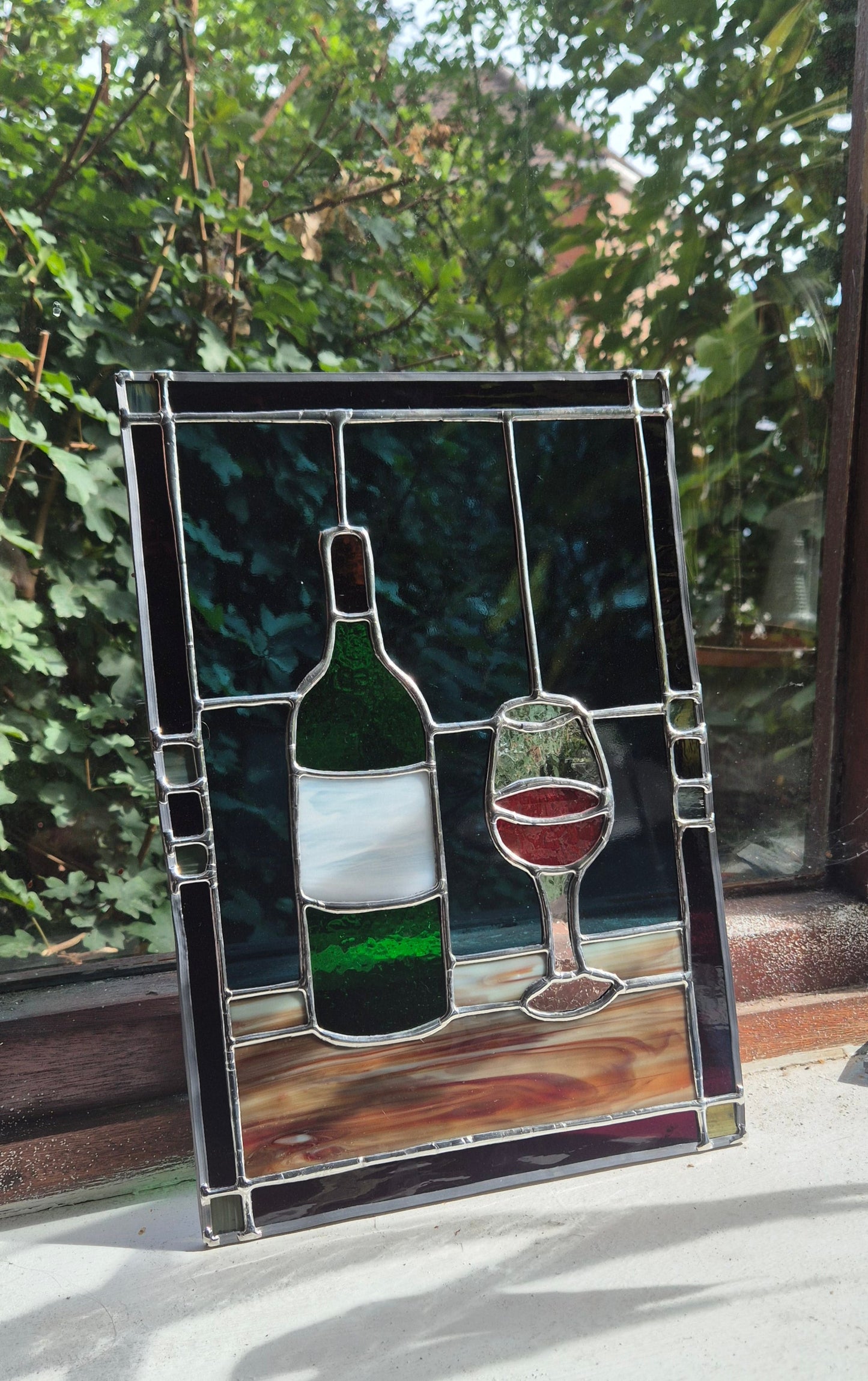 Wine Bottle Stained Glass Panel