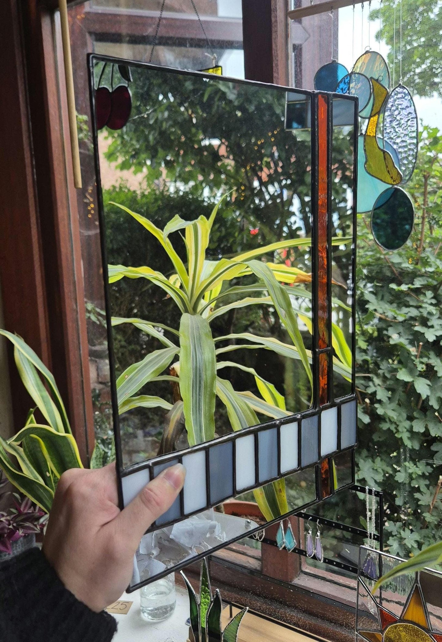Handmade Stained Glass Mirror, Orange, Grey & White Checkerboard Art Deco, 70s Style Mirror
