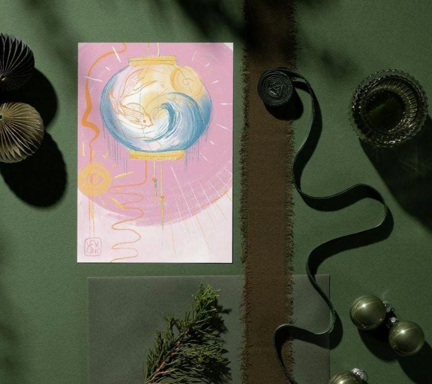 Pink Lantern Drawing Print With Fish Detail, A4
