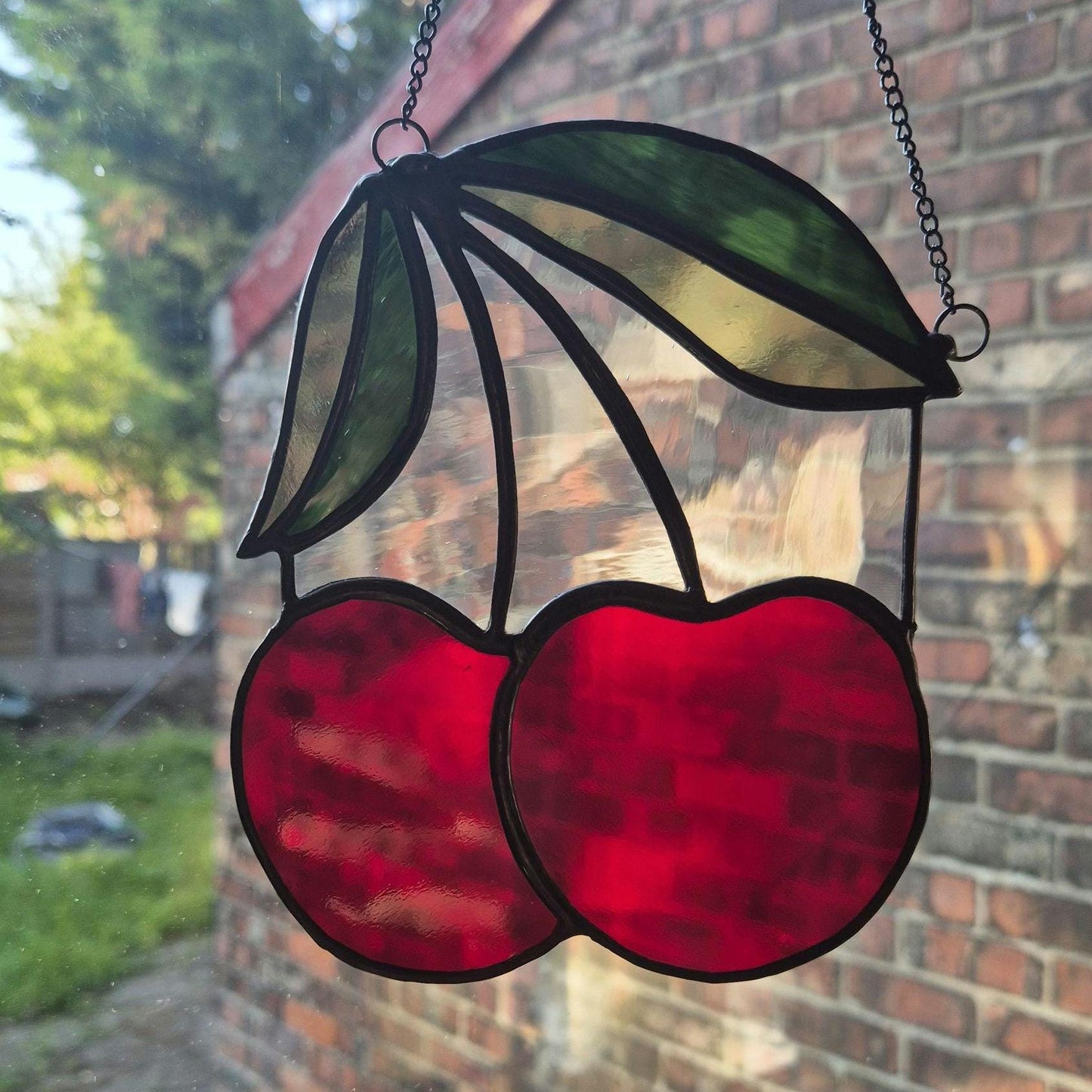 Cherry Suncatcher, Handmade, Stained Glass Hanging Piece