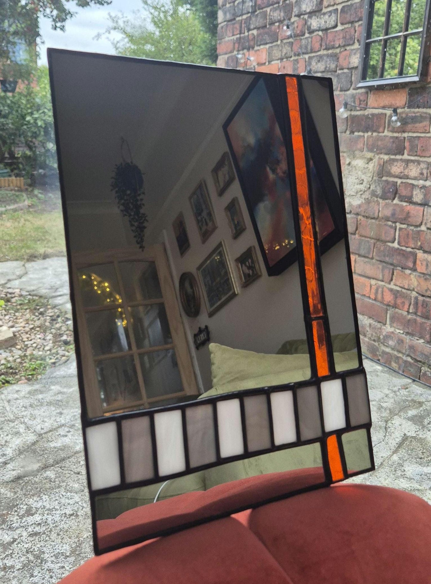 Handmade Stained Glass Mirror, Orange, Grey & White Checkerboard Art Deco, 70s Style Mirror