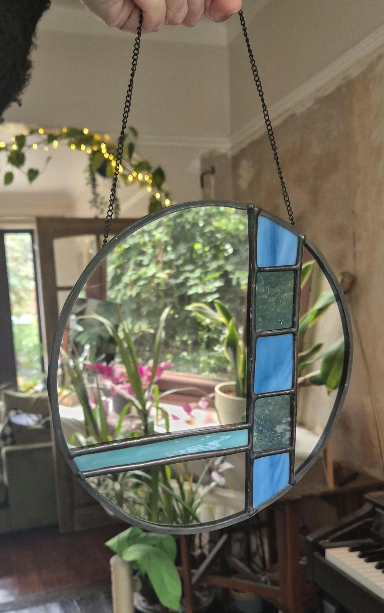 Handmade Stained Glass Mirror, Blue Stained Glass, Vintage Style Art Deco Mirror