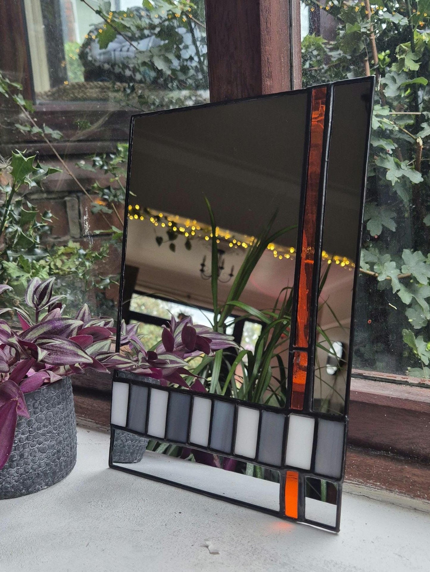 Handmade Stained Glass Mirror, Orange, Grey & White Checkerboard Art Deco, 70s Style Mirror