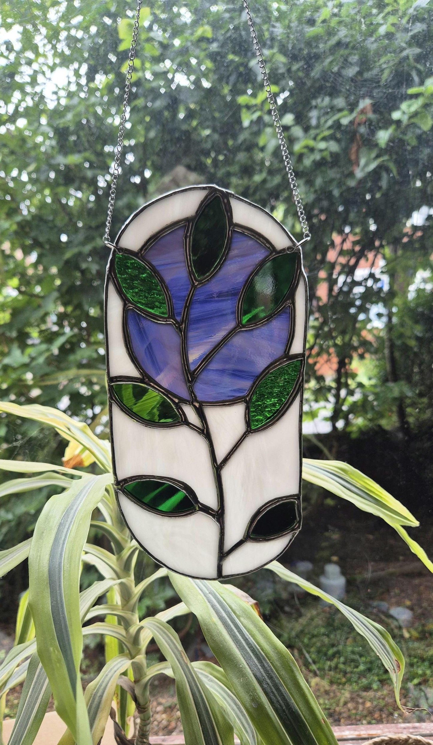 Stained Glass Abstract Oval Leaf Pattern Hanging Panel, Green, Purple & White Stained Glass