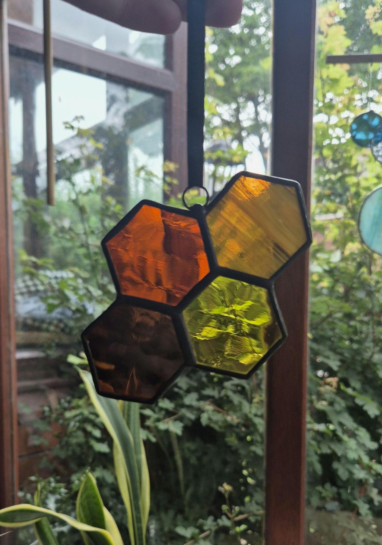 Honeycomb Orange & Yellow Suncatcher Ornament Handmade, Stained Glass Hanging Piece