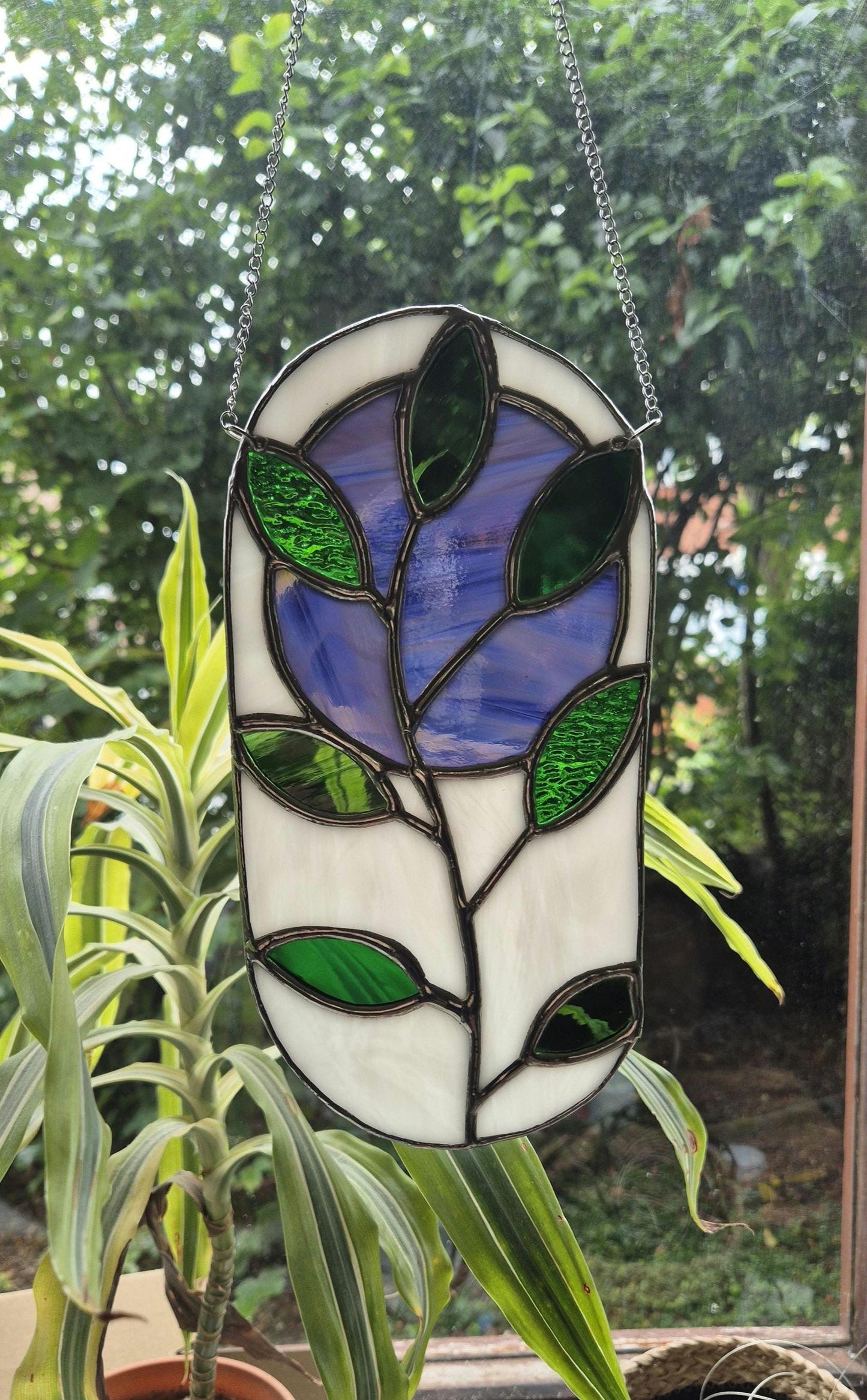 Stained Glass Abstract Oval Leaf Pattern Hanging Panel, Green, Purple & White Stained Glass