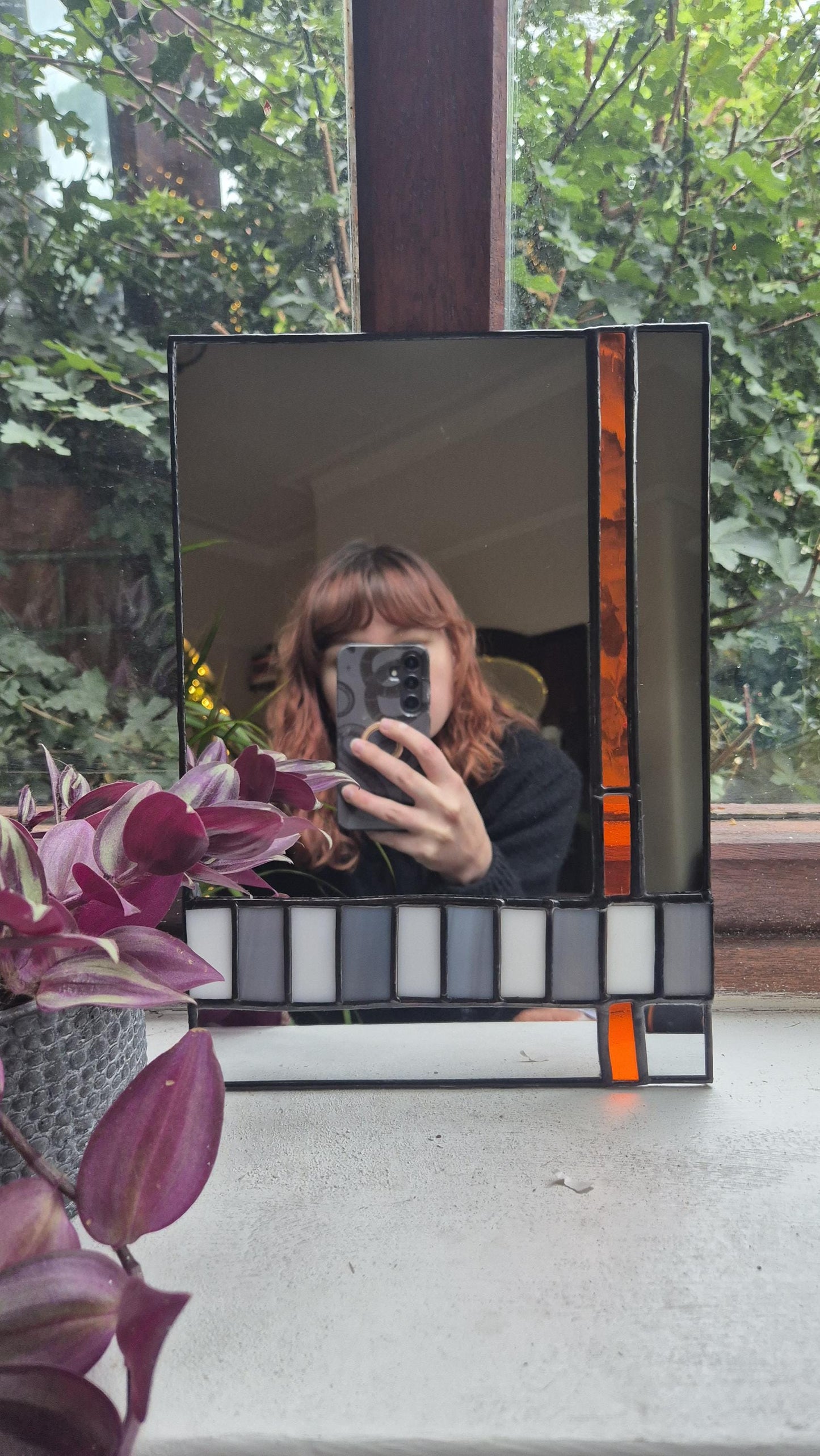 Handmade Stained Glass Mirror, Orange, Grey & White Checkerboard Art Deco, 70s Style Mirror