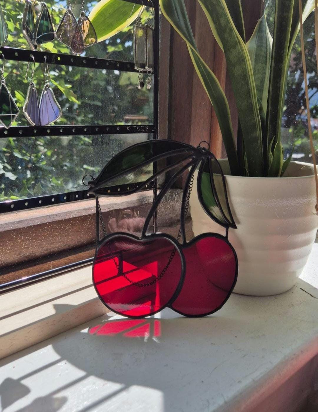 Cherry Suncatcher, Handmade, Stained Glass Hanging Piece