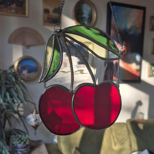 Cherry Suncatcher, Handmade, Stained Glass Hanging Piece