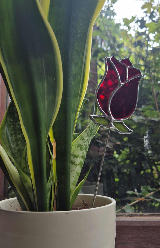Single Stained Glass Red Rose Suncatcher Plant Stake