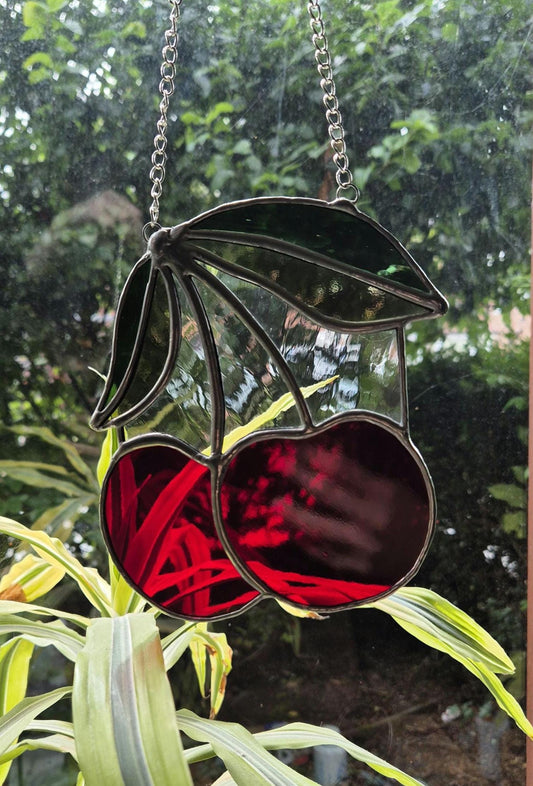Cherry Suncatcher, Handmade, Stained Glass Hanging Piece