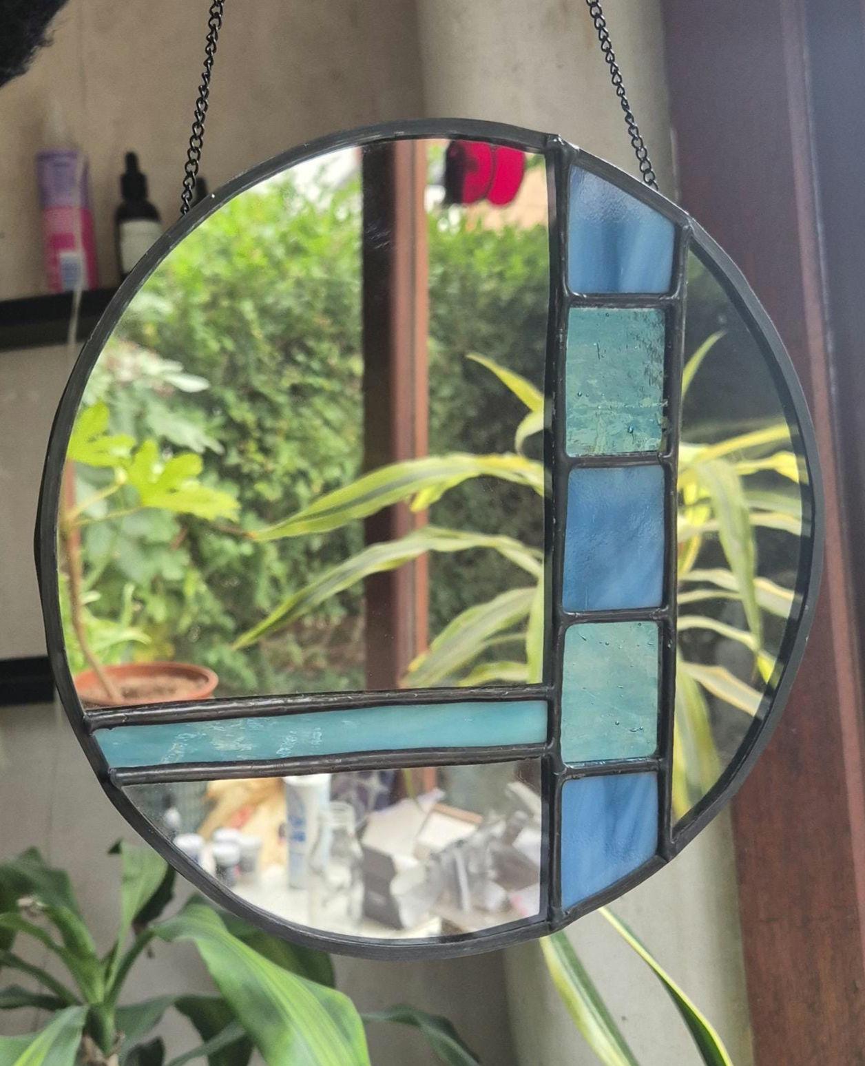 Handmade Stained Glass Mirror, Blue Stained Glass, Vintage Style Art Deco Mirror