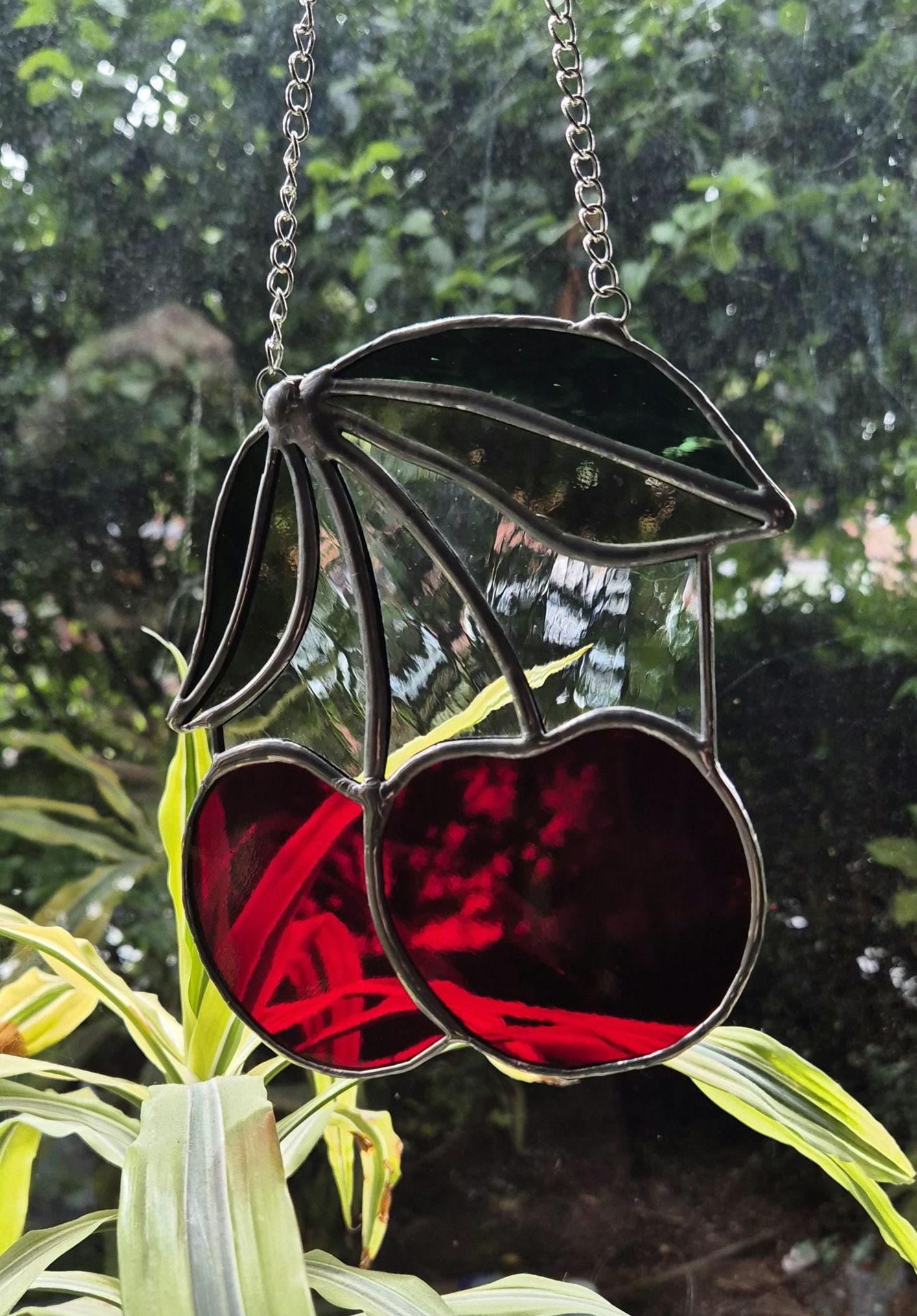 Cherry Suncatcher, Handmade, Stained Glass Hanging Piece