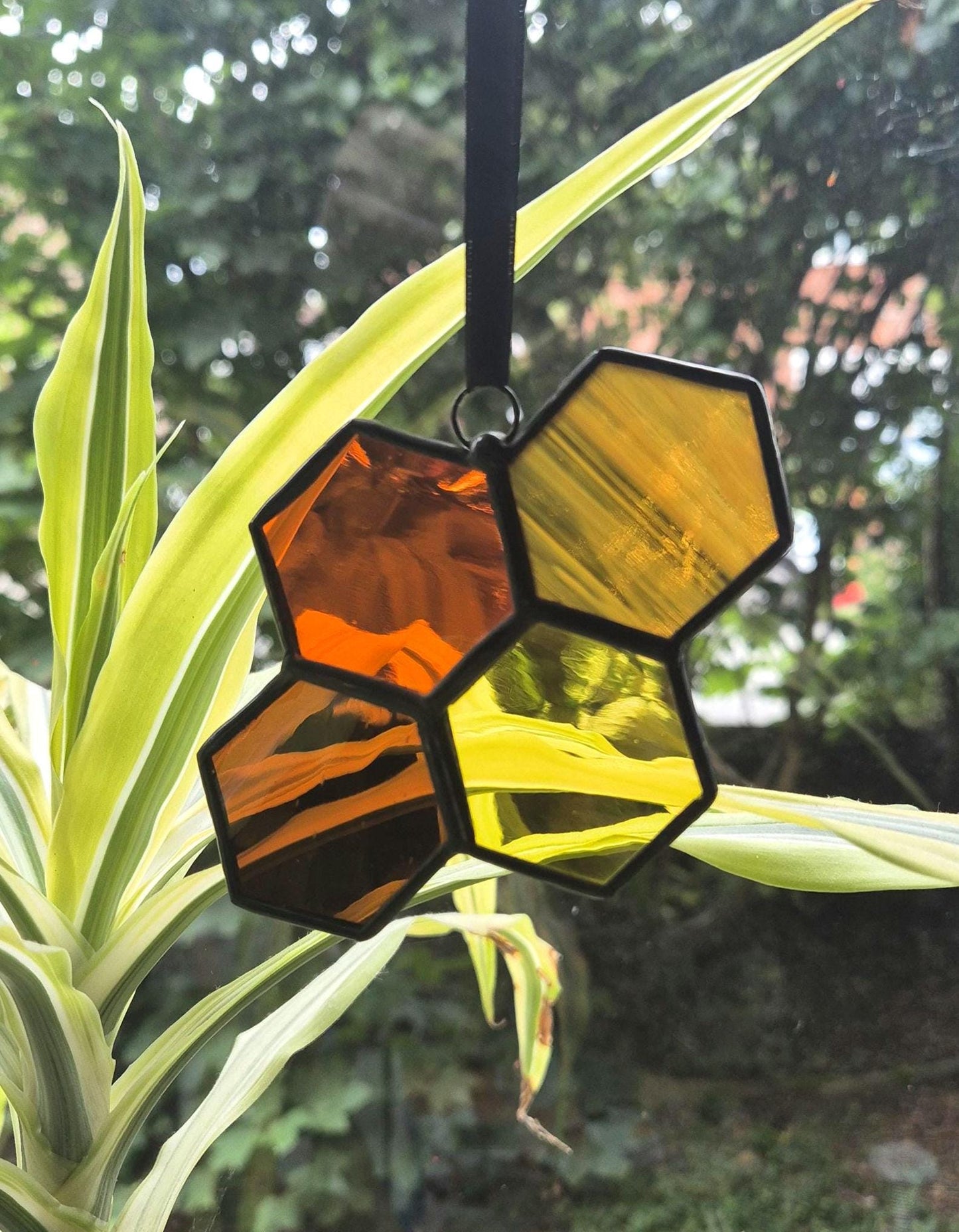 Honeycomb Orange & Yellow Suncatcher Ornament Handmade, Stained Glass Hanging Piece
