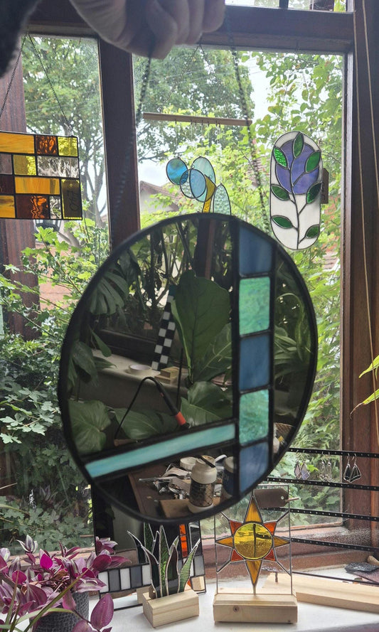 Handmade Stained Glass Mirror, Blue Stained Glass, Vintage Style Art Deco Mirror