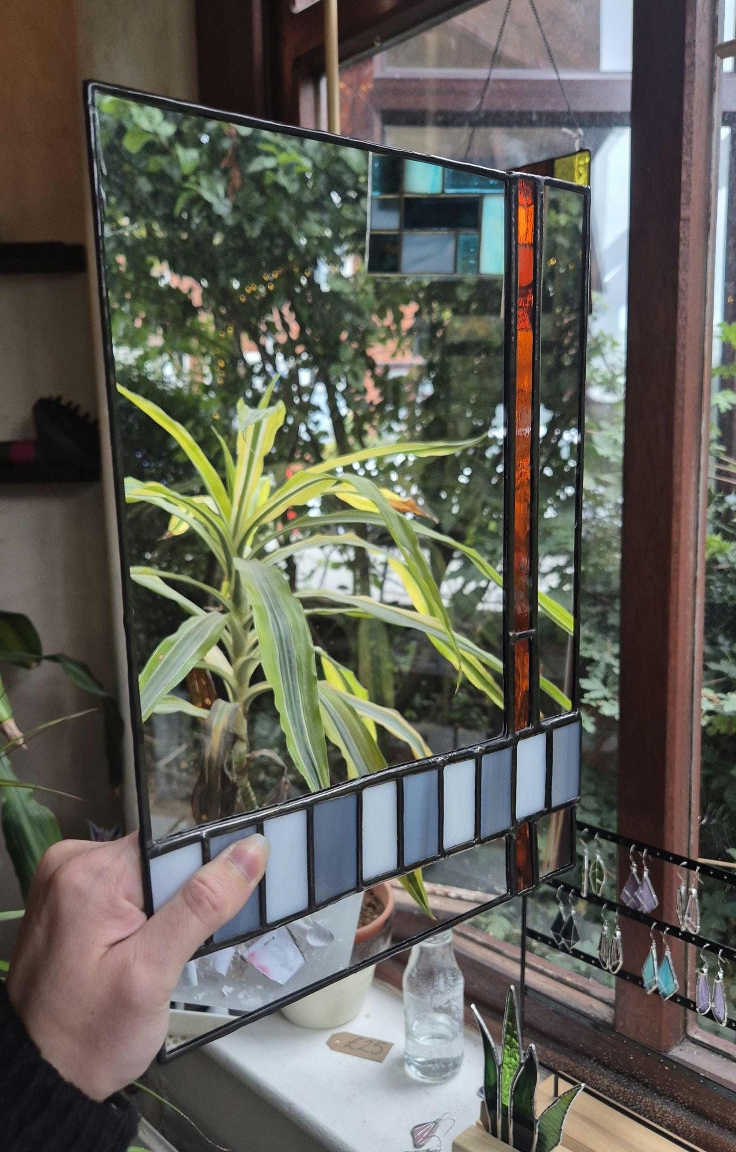 Handmade Stained Glass Mirror, Orange, Grey & White Checkerboard Art Deco, 70s Style Mirror