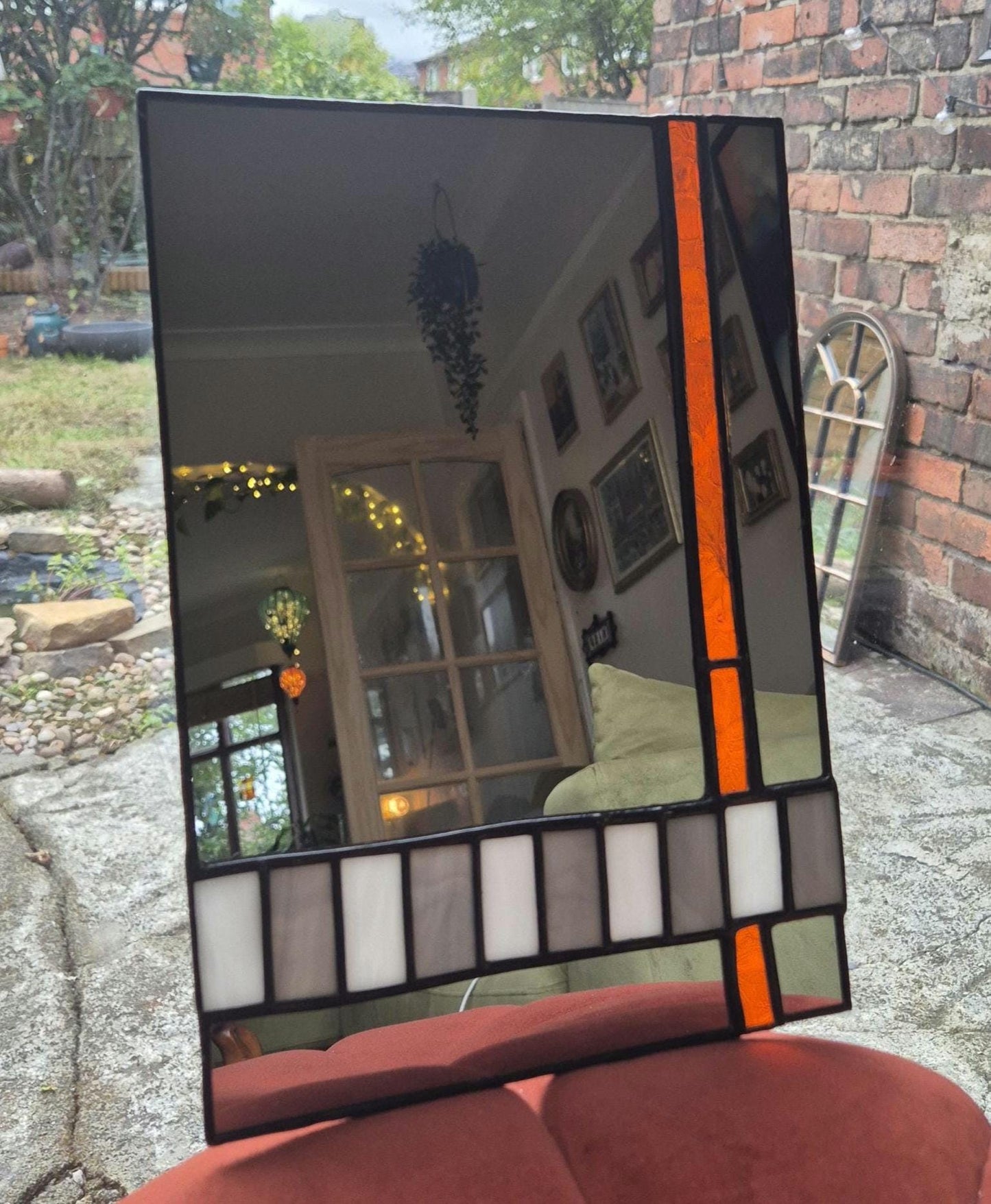 Handmade Stained Glass Mirror, Orange, Grey & White Checkerboard Art Deco, 70s Style Mirror