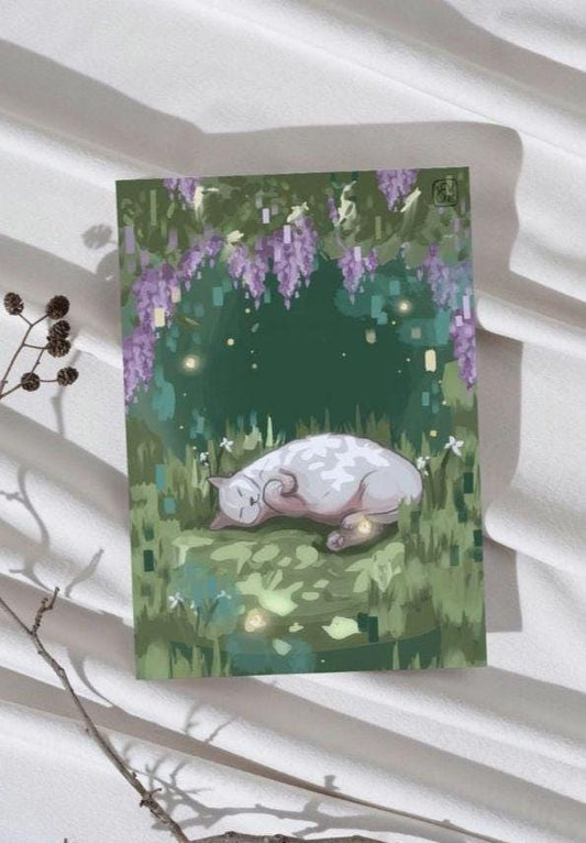 Green Sleeping Cat Meadow Print, Digital Drawing A4