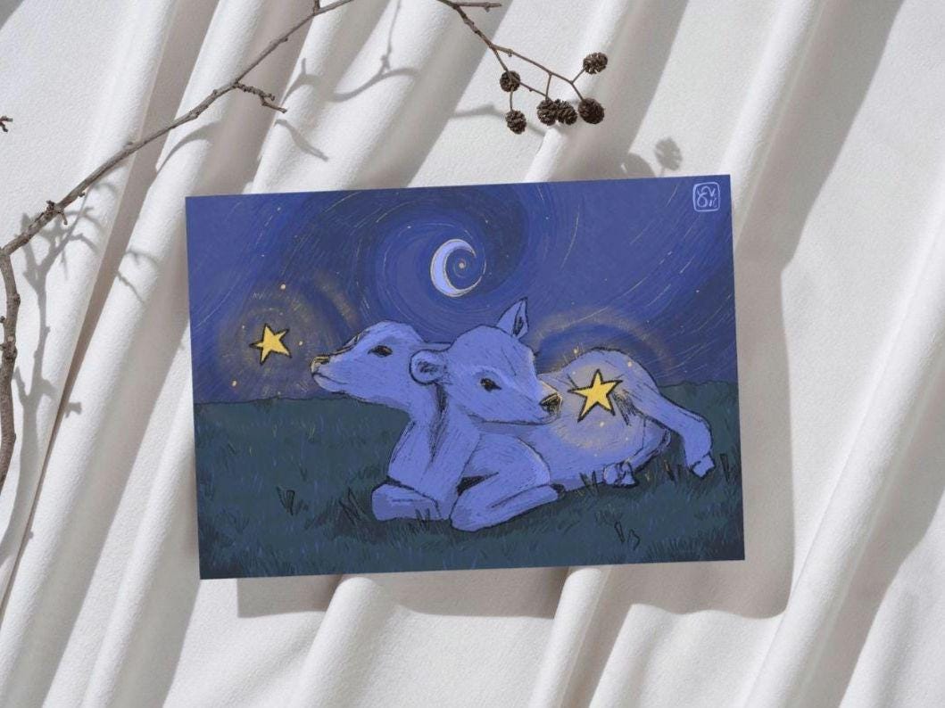 Unique Dark Blue Navy Two Headed Calf Print, Digital Drawing A4