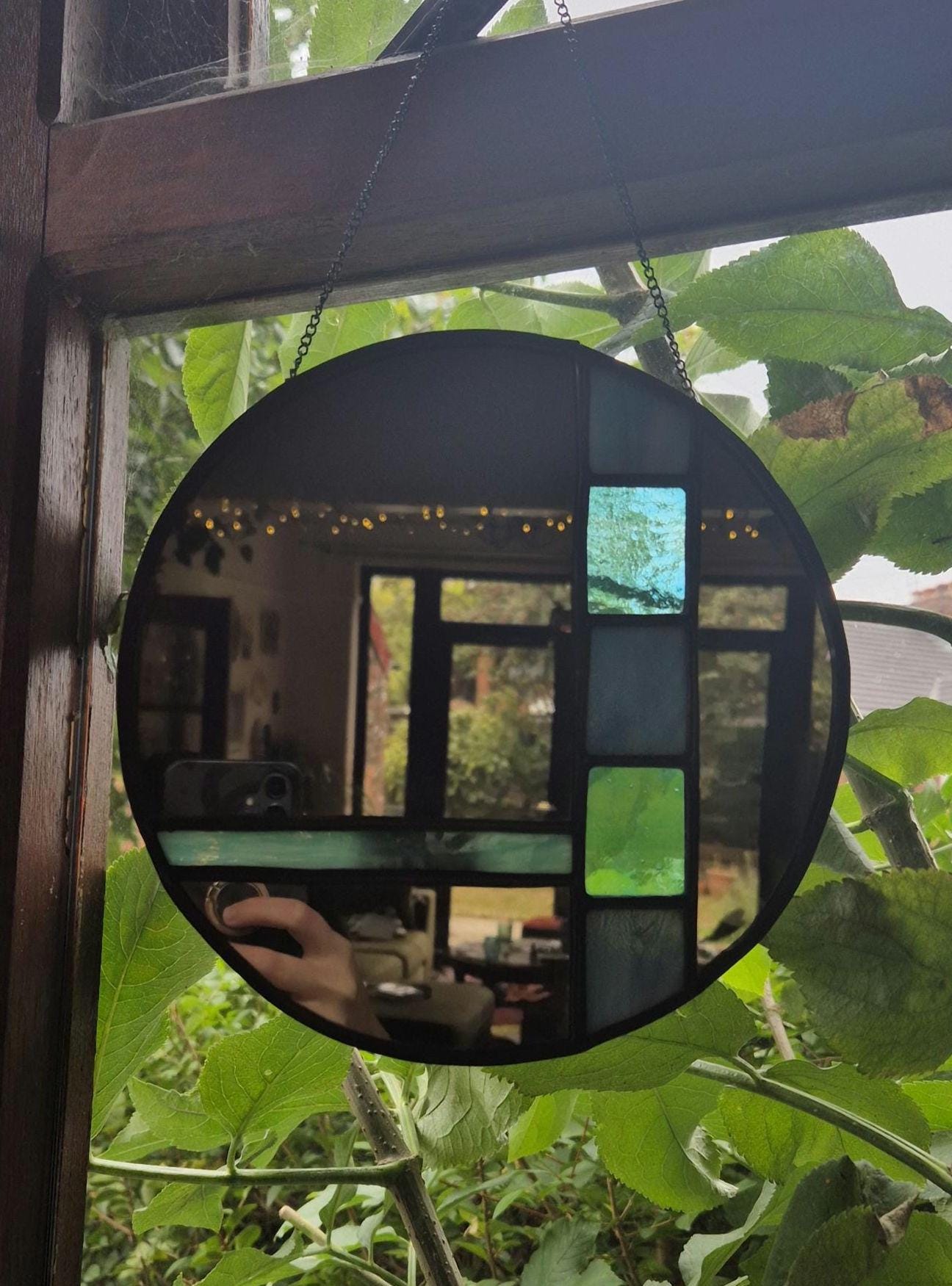 Handmade Stained Glass Mirror, Blue Stained Glass, Vintage Style Art Deco Mirror