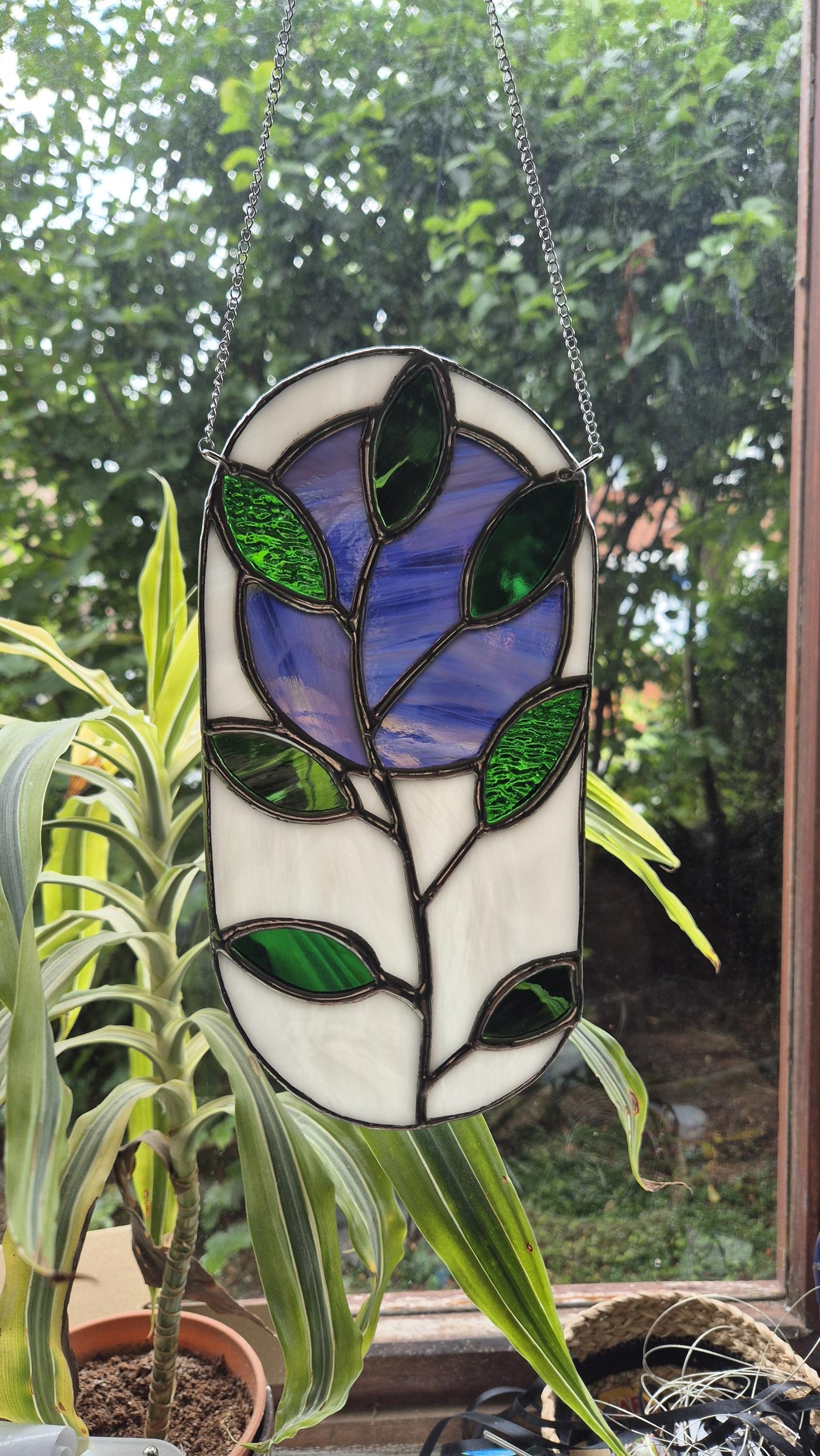 Stained Glass Abstract Oval Leaf Pattern Hanging Panel, Green, Purple & White Stained Glass