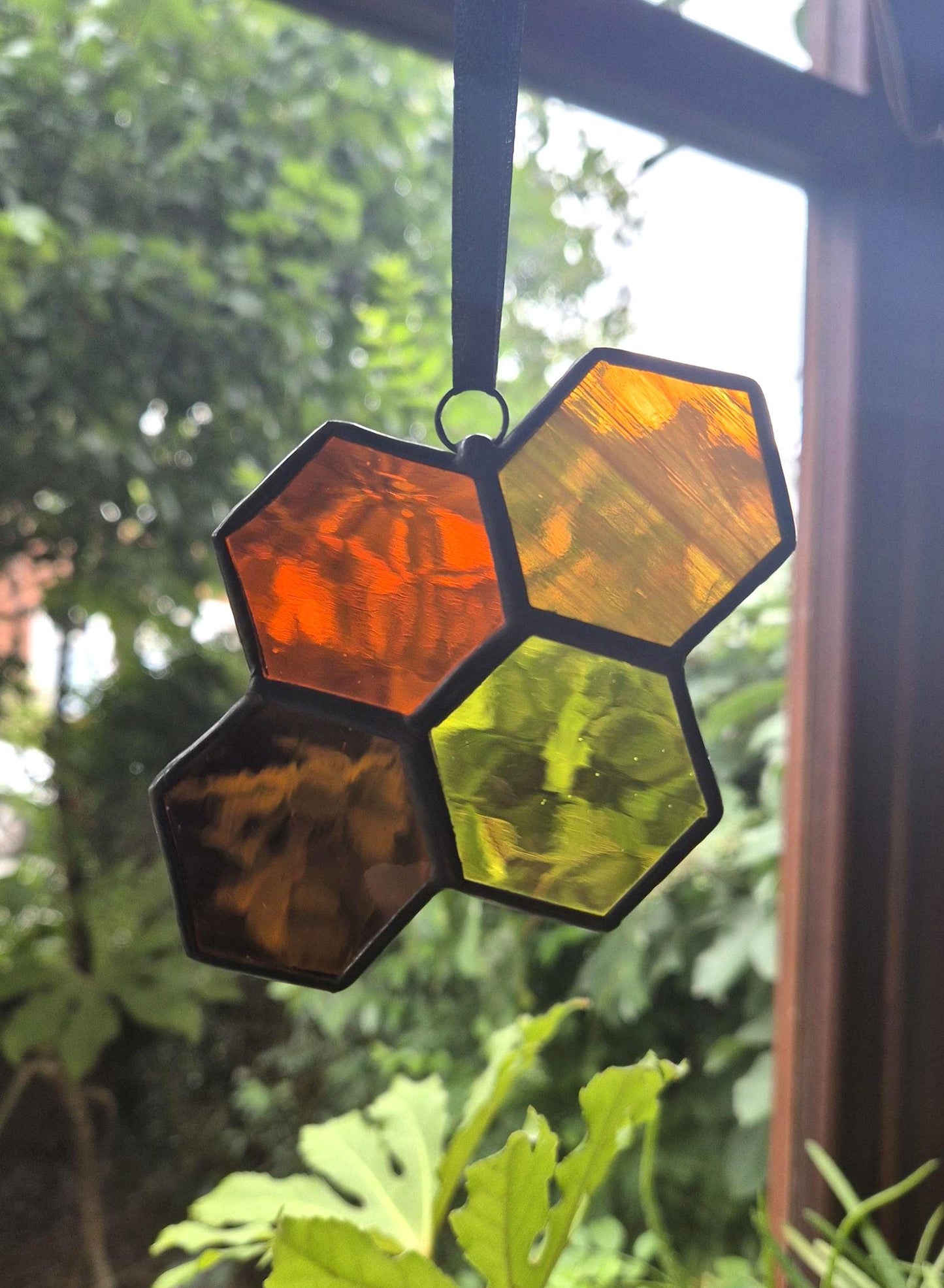 Honeycomb Orange & Yellow Suncatcher Ornament Handmade, Stained Glass Hanging Piece