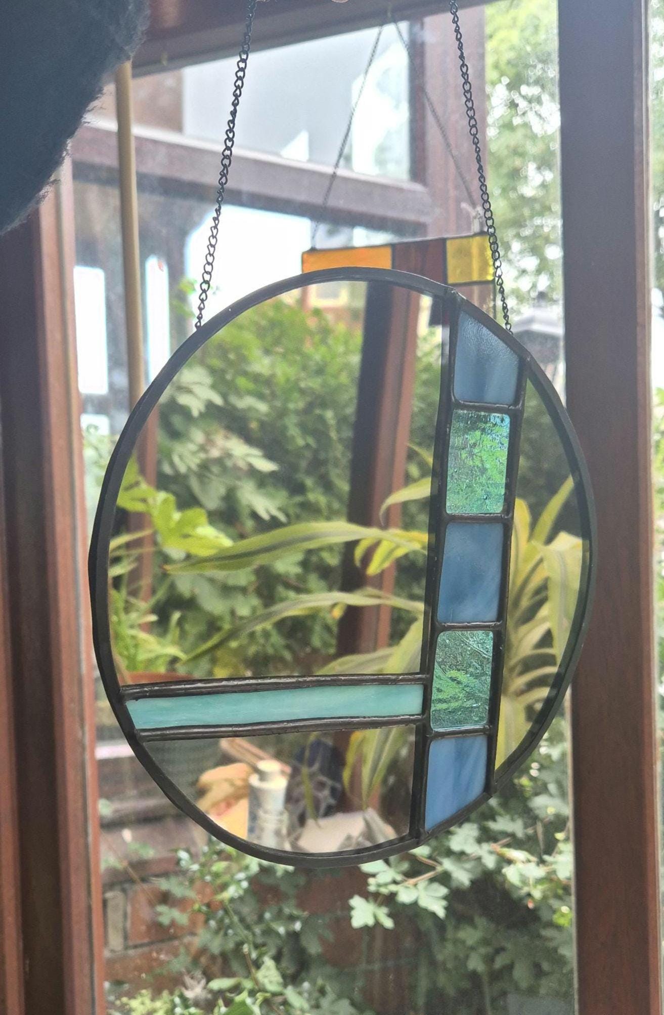 Handmade Stained Glass Mirror, Blue Stained Glass, Vintage Style Art Deco Mirror
