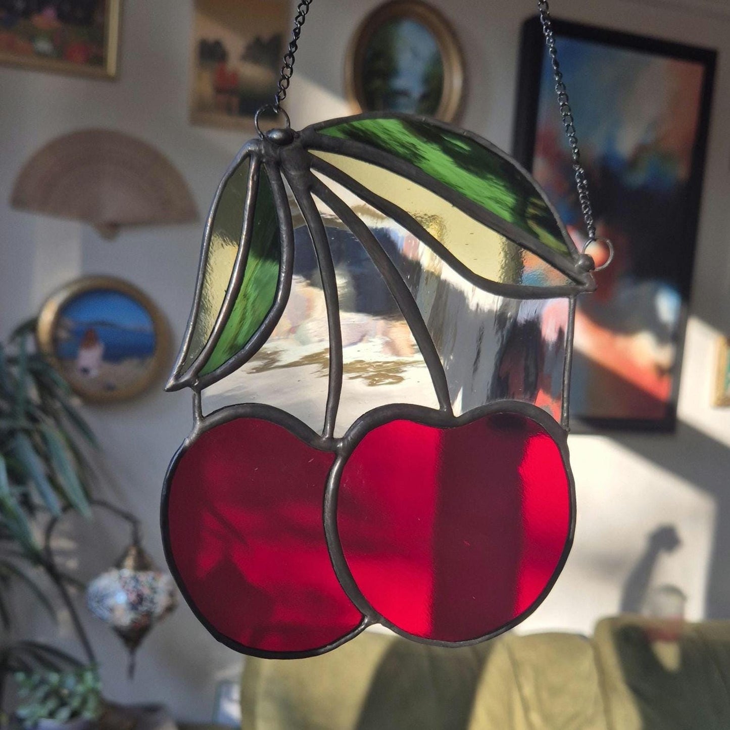 Cherry Suncatcher, Handmade, Stained Glass Hanging Piece