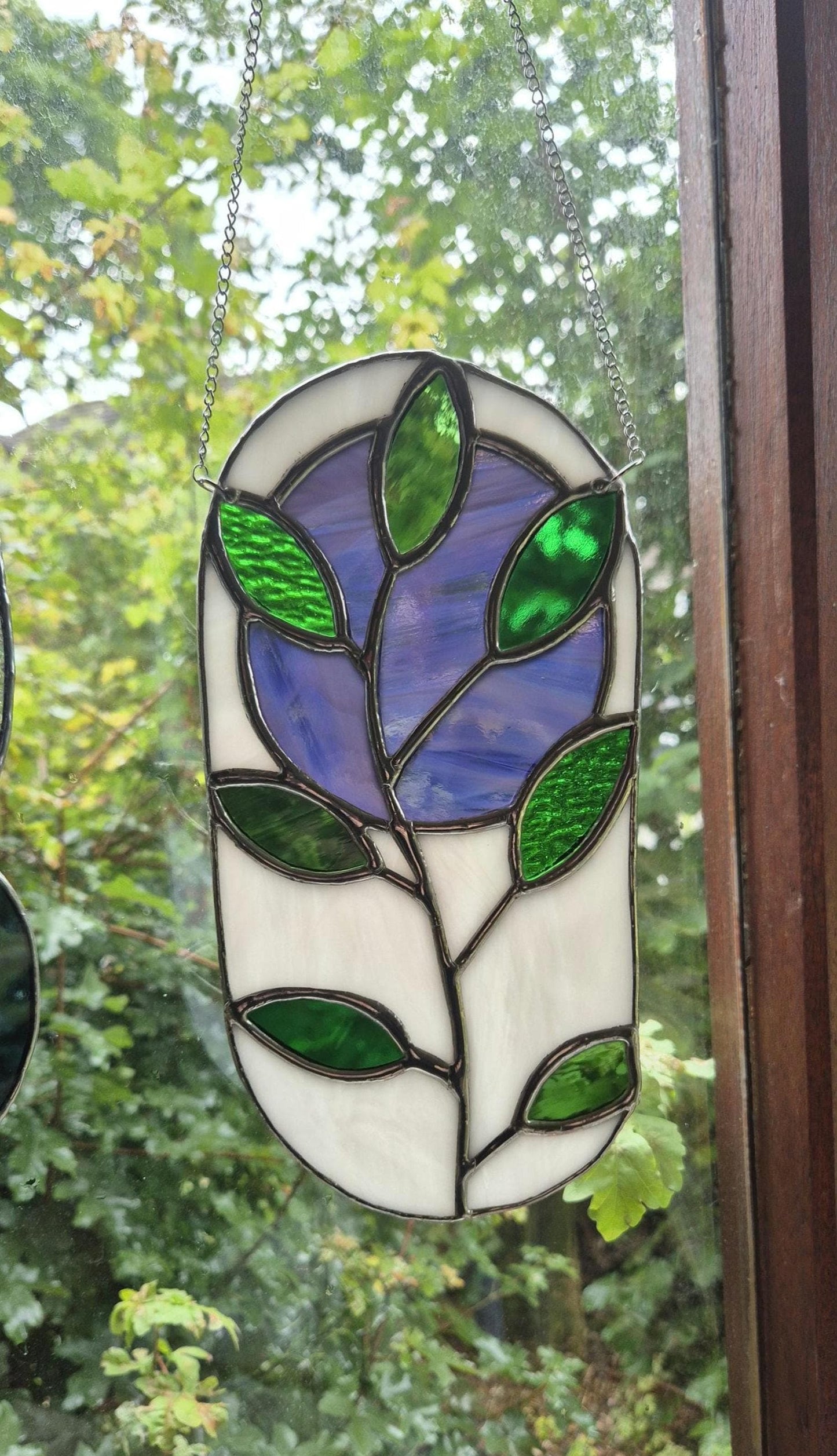 Stained Glass Abstract Oval Leaf Pattern Hanging Panel, Green, Purple & White Stained Glass