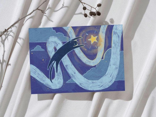 Dark Blue Navy Cat Playing In The Stars Print, Digital Drawing A4