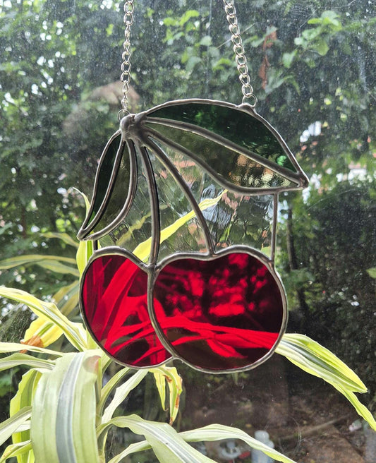Cherry Suncatcher, Handmade, Stained Glass Hanging Piece