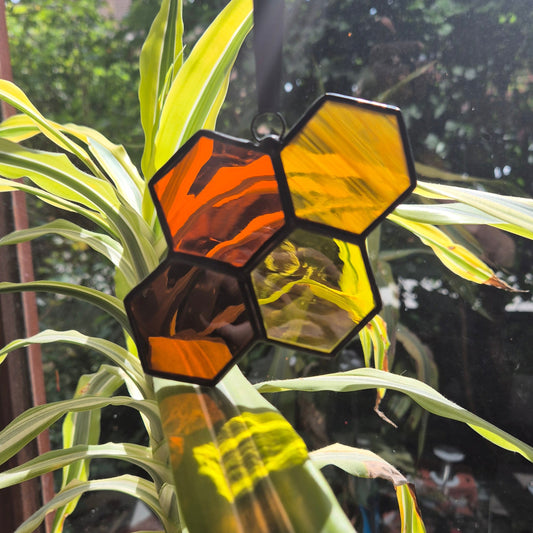 Honeycomb Orange & Yellow Suncatcher Ornament Handmade, Stained Glass Hanging Piece