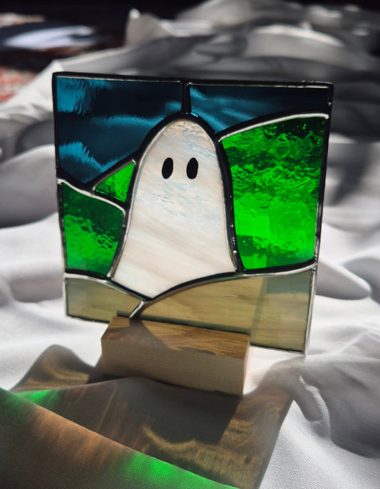 Ghost Square Panel with Wooden Base
