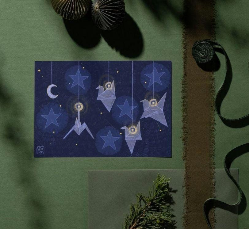 Dark Blue Navy Starry Origami Crane Print, Digital Drawing A4