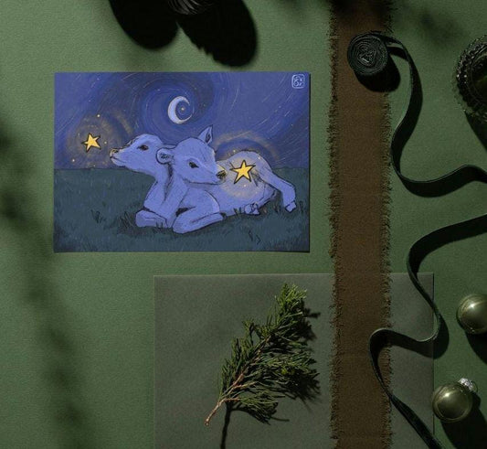 Unique Dark Blue Navy Two Headed Calf Print, Digital Drawing A4