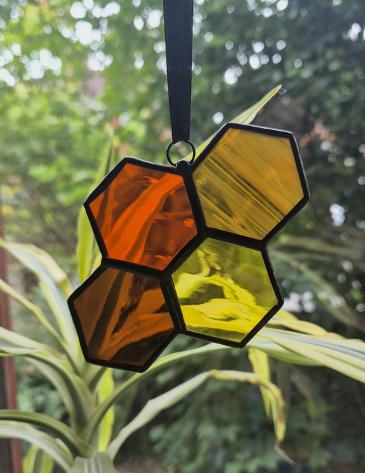Honeycomb Orange & Yellow Suncatcher Ornament Handmade, Stained Glass Hanging Piece