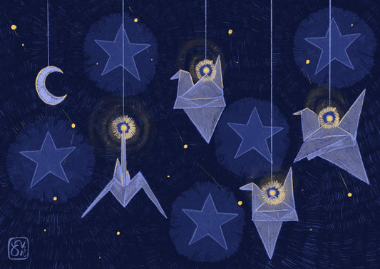 Dark Blue Navy Starry Origami Crane Print, Digital Drawing A4
