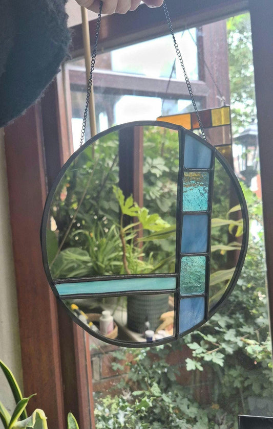Handmade Stained Glass Mirror, Blue Stained Glass, Vintage Style Art Deco Mirror