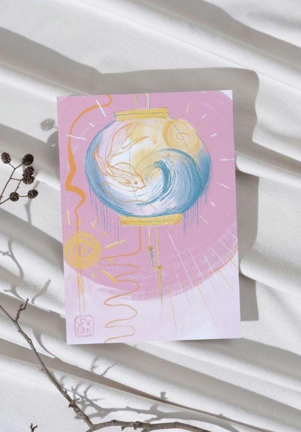 Pink Lantern Drawing Print With Fish Detail, A4